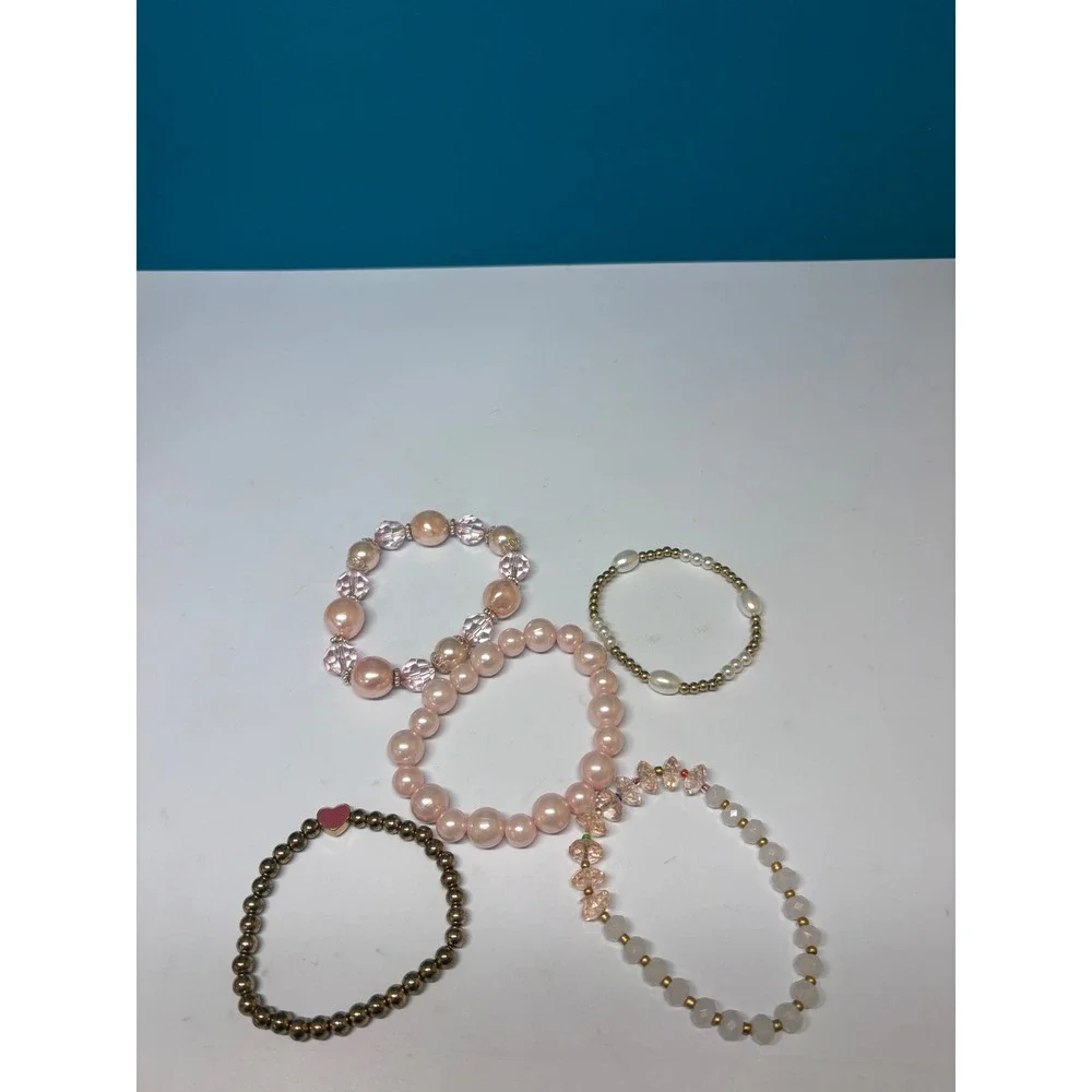 Pink Faux Pearl and Crystal Beaded Stretch Bracelet Set Gold Tone Heart 5 Piece